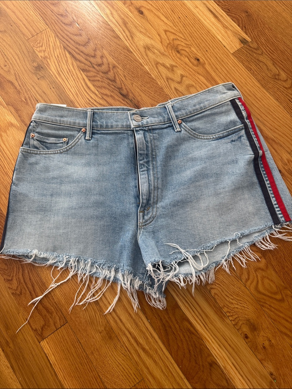 MOTHER Light Wash Denim Shorts with Red & Navy Side Stripe